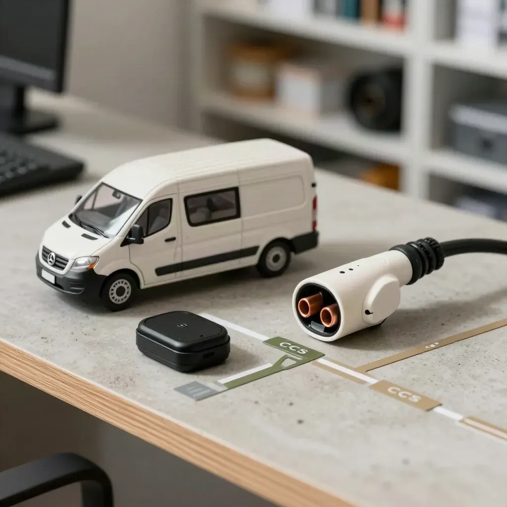 Miniature van, charging plug, telematics puck and lane markers on a fleet planning bench.