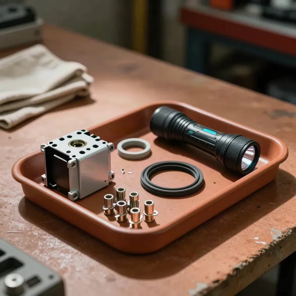 Technician parts tray with contactor, gasket ring, terminal lugs, and flashlight on a clay workbench.