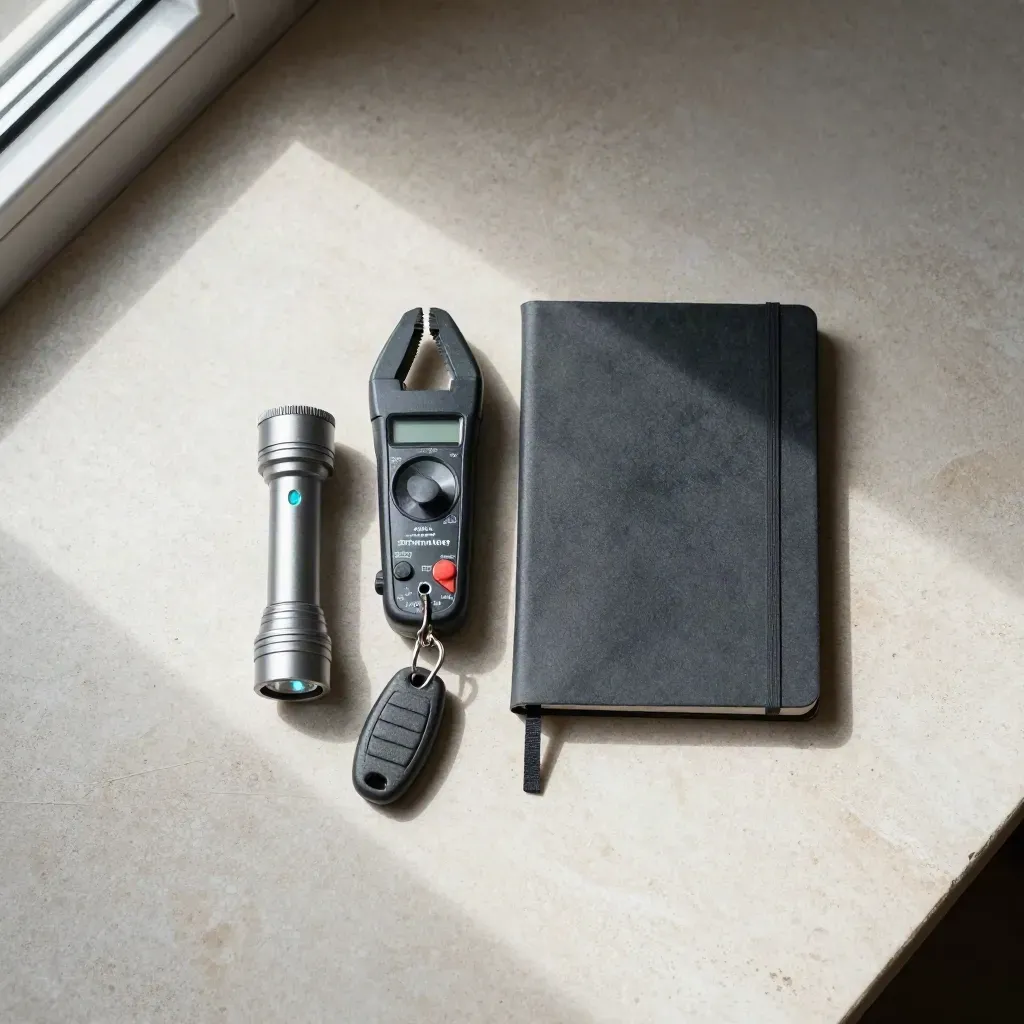 Clamp meter, flashlight, key fob, and closed notebook on a stone slab.