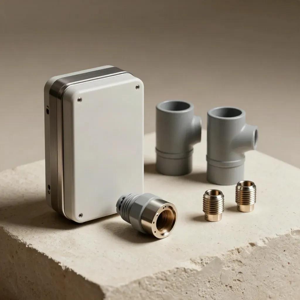 EV charger parts staged on plaster: conduit elbows, connector sample, ferrules, glands, and enclosure mockup.