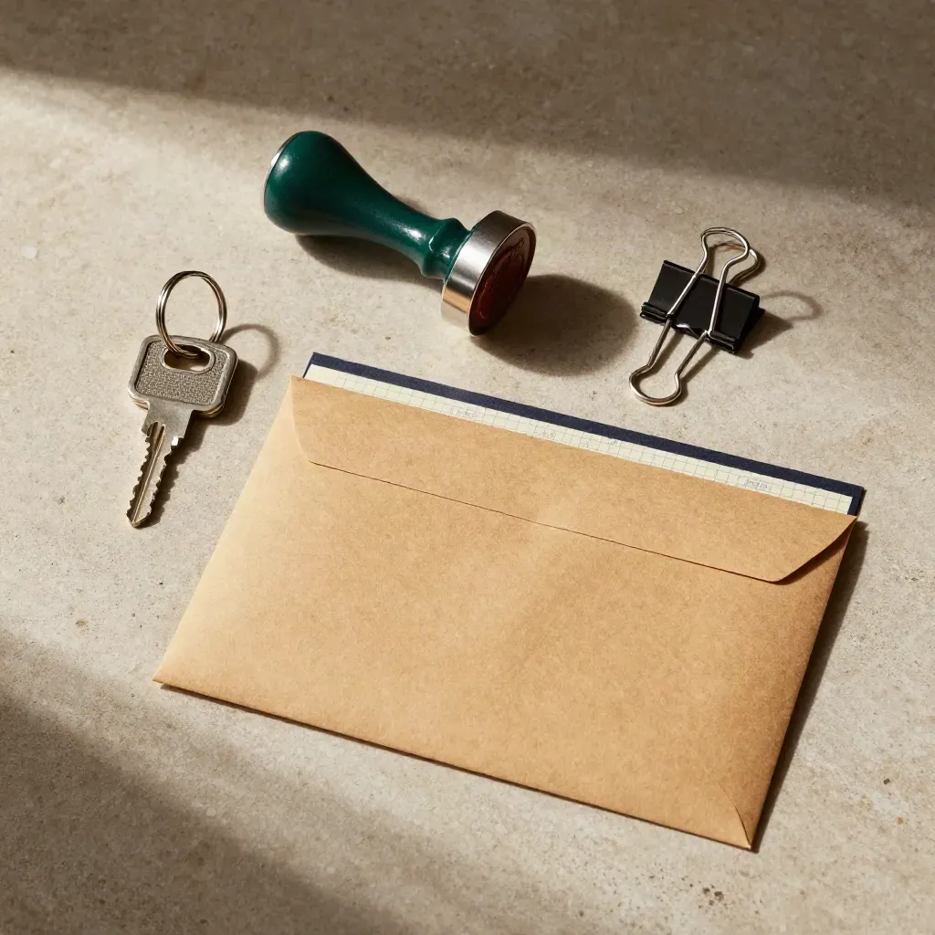 Top-down flatlay of permit tools: stamp, key, sealed envelope and file clip on limestone.