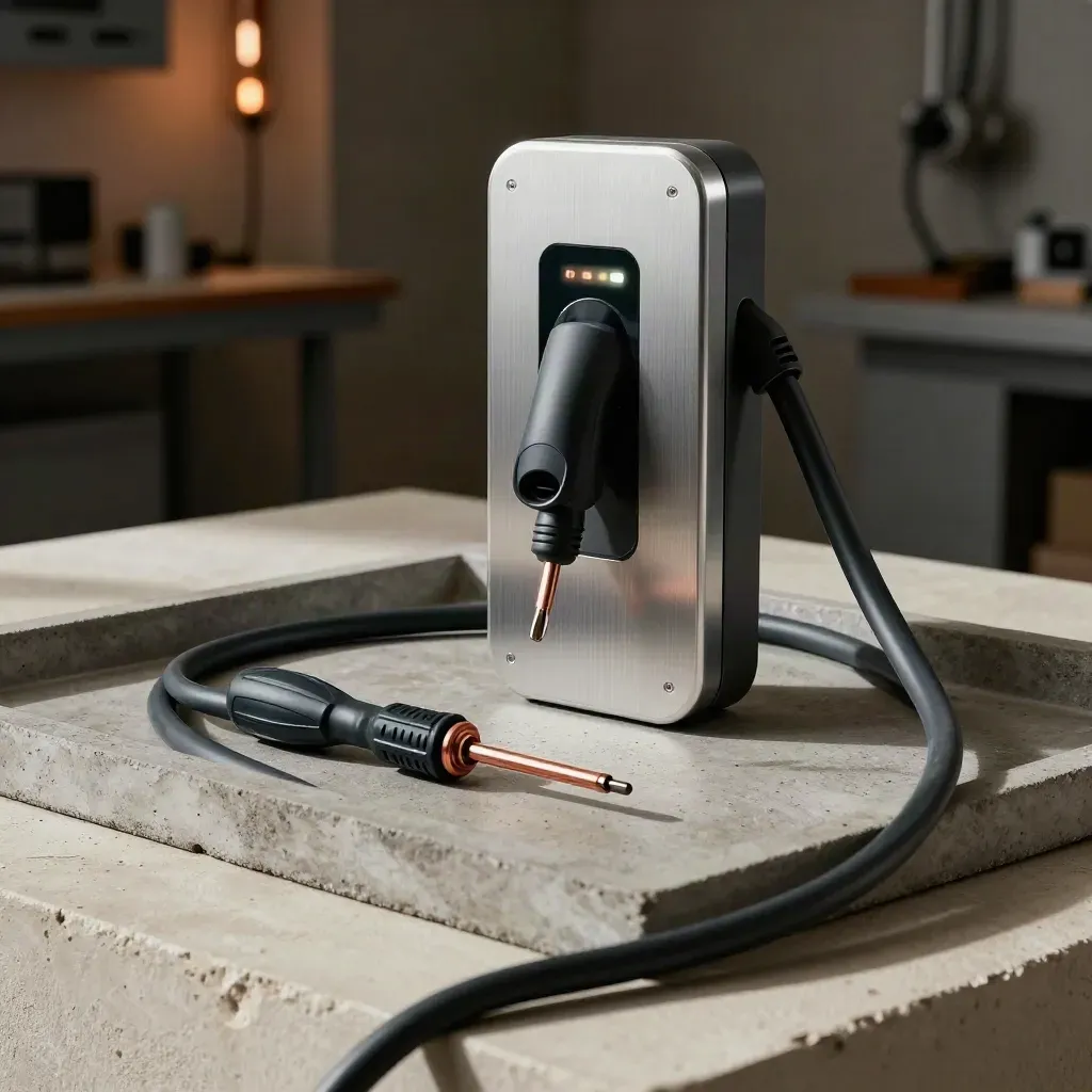 Mounted EV charger faceplate with torque screwdriver, test plug, and coiled cable on concrete tray.