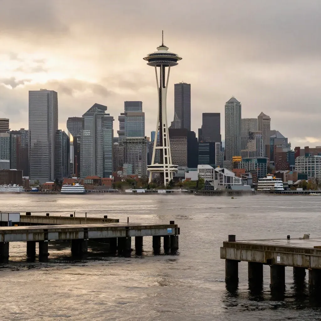Seattle skyline with Space Needle above wet waterfront and ferry slips at sunset, hazy and calm