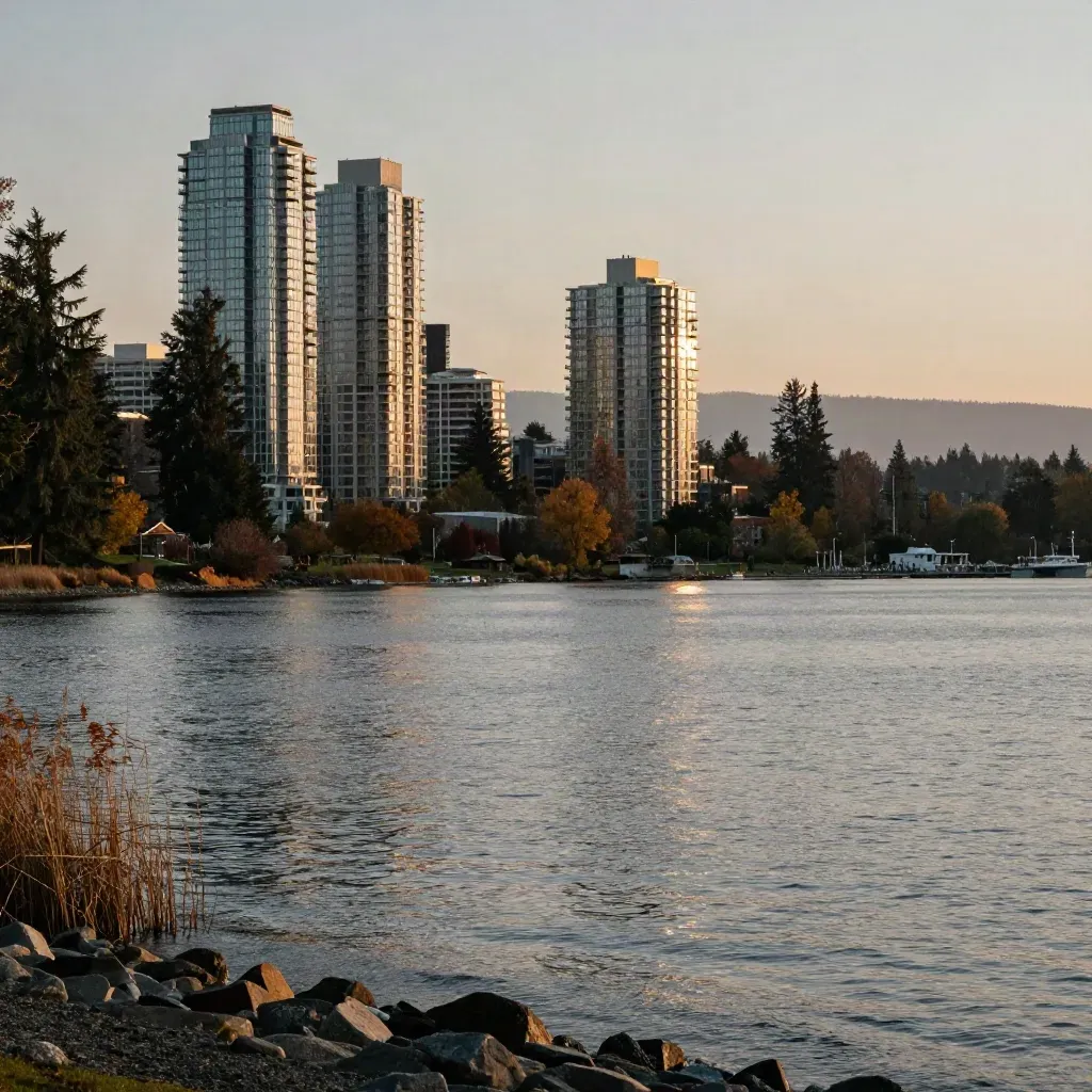 Bellevue Eastside skyline over a calm lake at golden hour, with evergreen shoreline and haze.