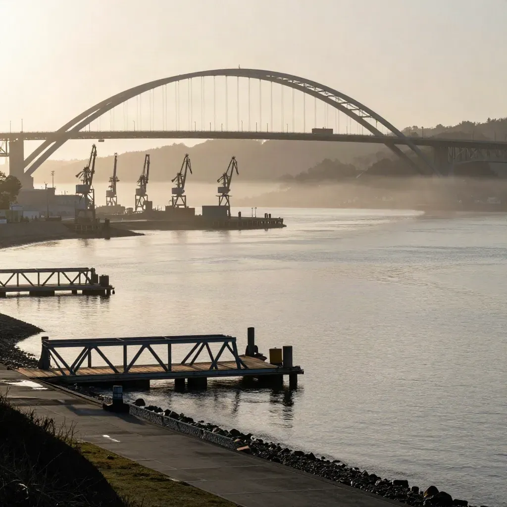 South Sound waterfront with bridge, port and misty mountain shoulder at sunrise