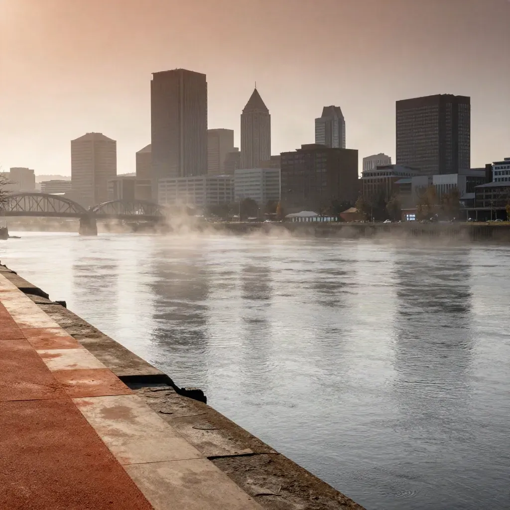 Misty Portland skyline above the Willamette River at golden hour, with calm open water for copy.