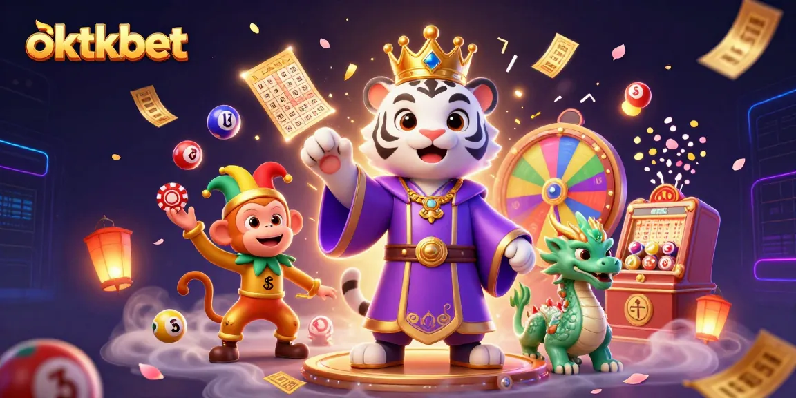 Engage with oktkbet's exciting lottery scene featuring a captivating tiger, lively monkey, and jade dragon.