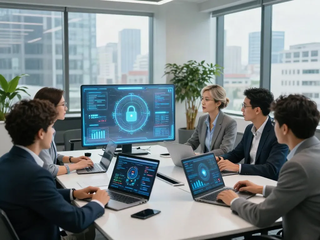 Deepfake protected meetings in a modern corporate office with professionals collaborating around a table.