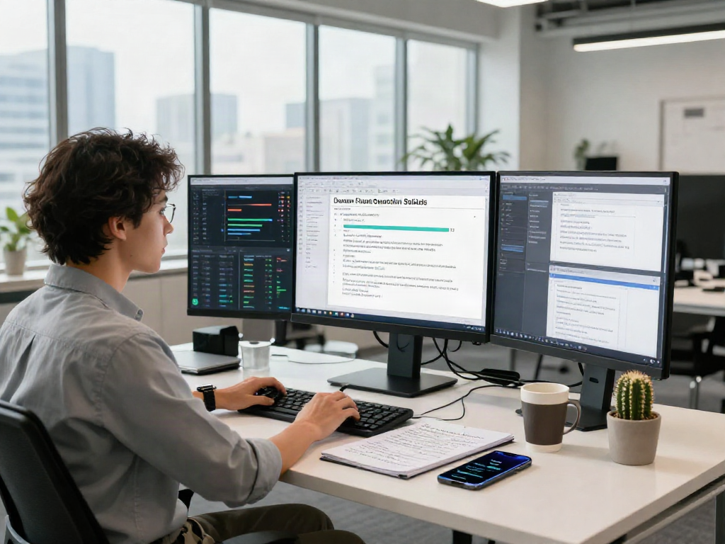 Data analyst evaluating document fraud detection solution in a modern office with large screens and real-time analysis.