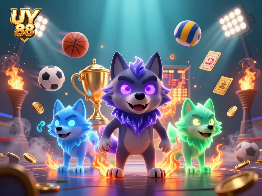 Experience UY 88 excitement with spectral wolves and dynamic sports action in this vibrant 3D illustration.