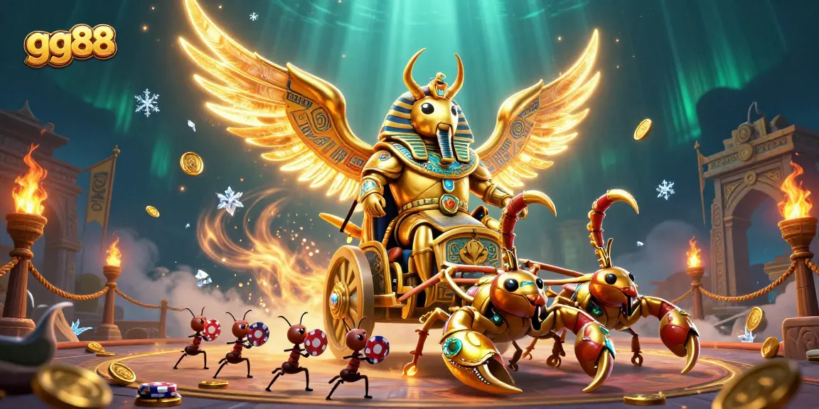 Engage with gg88's captivating gaming universe featuring a fierce colossal scarab and scorpions in action.