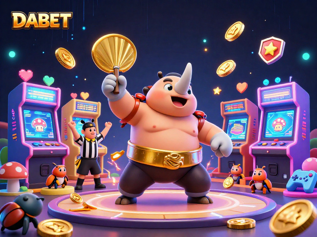 DABET engages players with a vibrant casino experience featuring a rhinoceros beetle champion amid golden coins and arcade games.