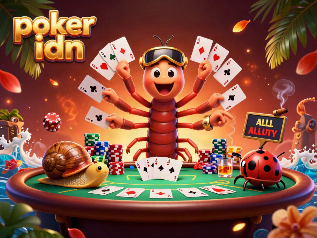 Menangkan poker idn yang menarik dengan dealer kartun dan keripik besar di meja hijau.