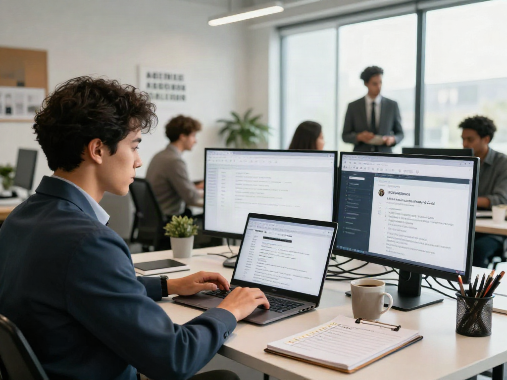 Professional job seeker reviewing หางาน listings in a bright office space.
