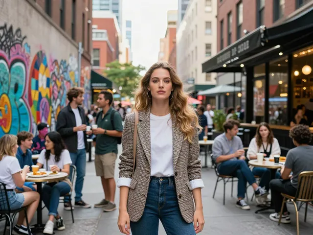Chloe Sunderland confidently interacting in an urban street, showcasing modern lifestyle and social dynamics.