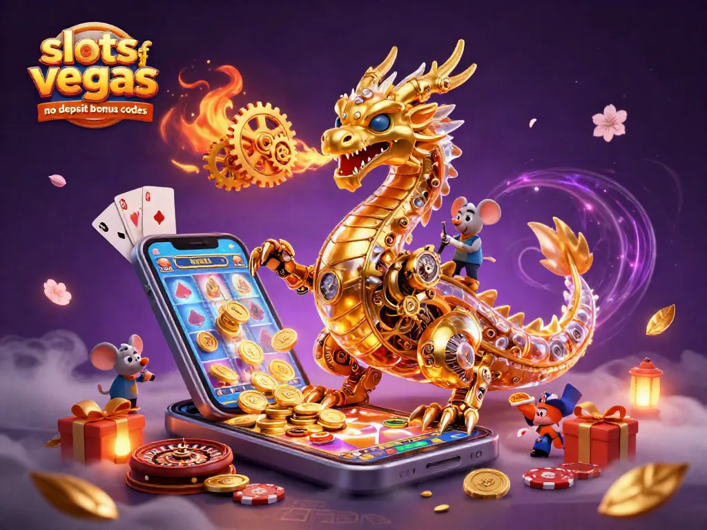 Claim exciting slots of vegas no deposit bonus codes with a golden dragon and colorful gaming elements