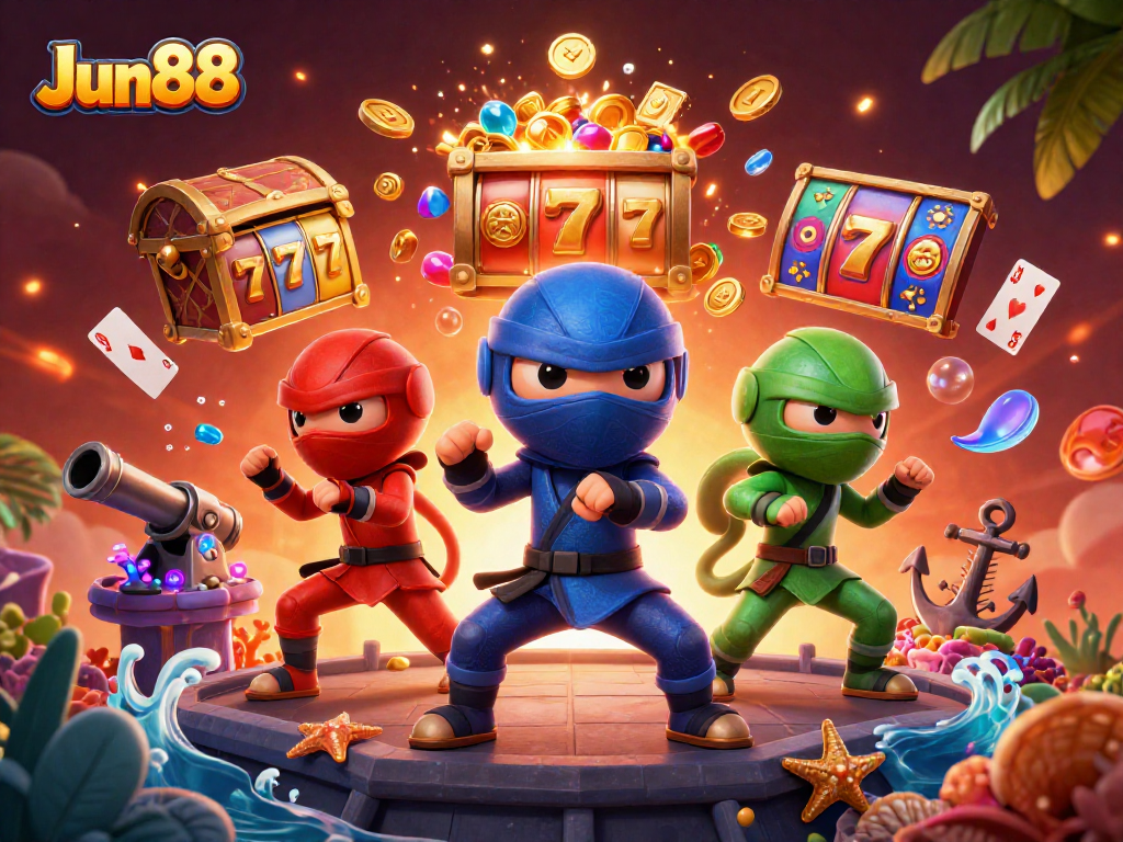 Jun88 showcases a vibrant casino scene with chameleon ninjas and dynamic slot games.