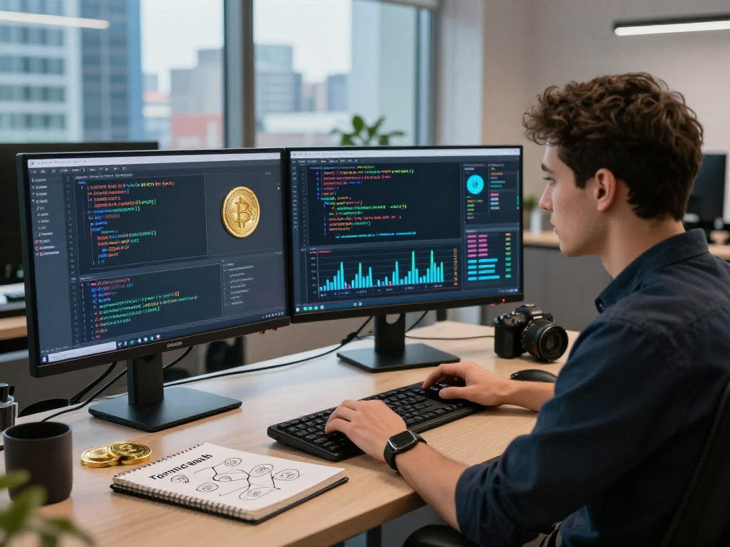 Tornardocash blockchain developer coding in a modern tech workspace with dual monitors and cryptocurrency visuals.