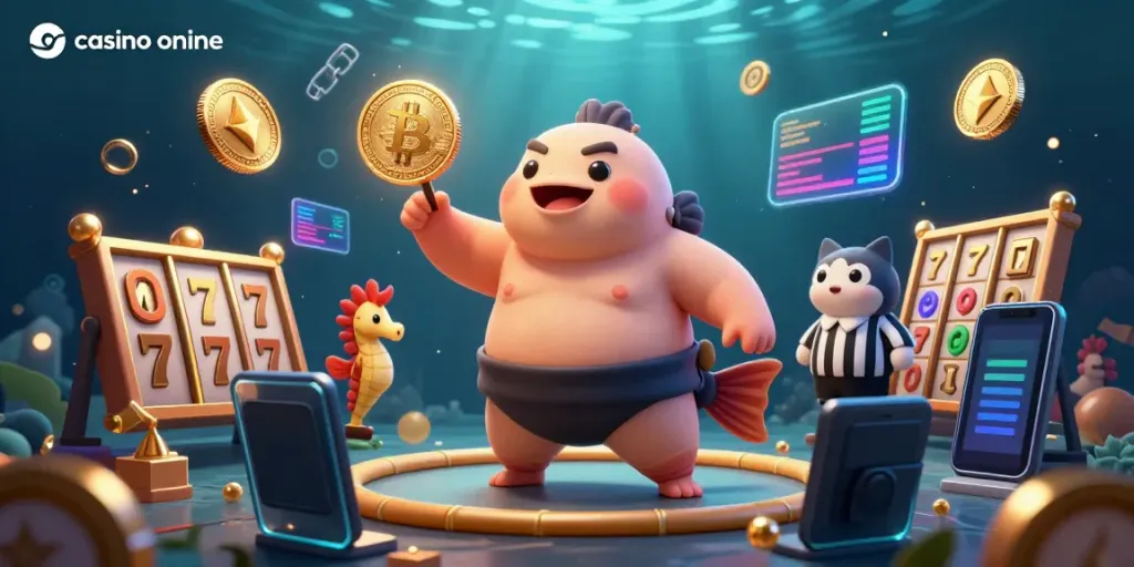 Join the underwater fun at our casino online featuring a fugu sumo wrestling a catfish referee amidst vibrant crypto coins.