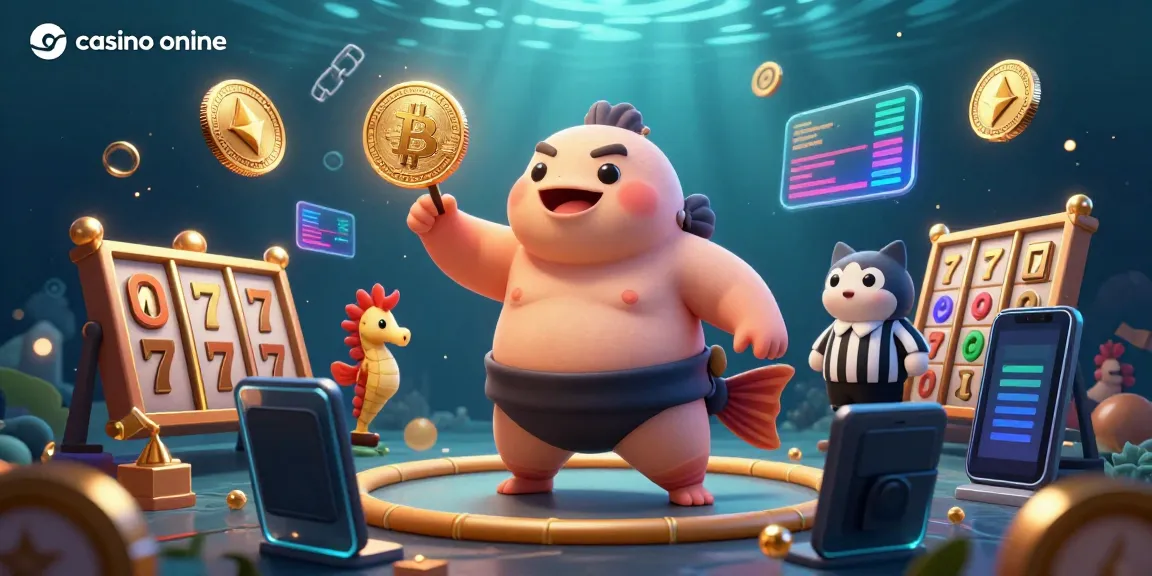 Join the underwater fun at our casino online featuring a fugu sumo wrestling a catfish referee amidst vibrant crypto coins.