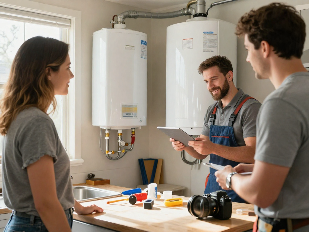 Water heater replacement Fort Worth service showing plumber and homeowner discussing installation in a bright kitchen.
