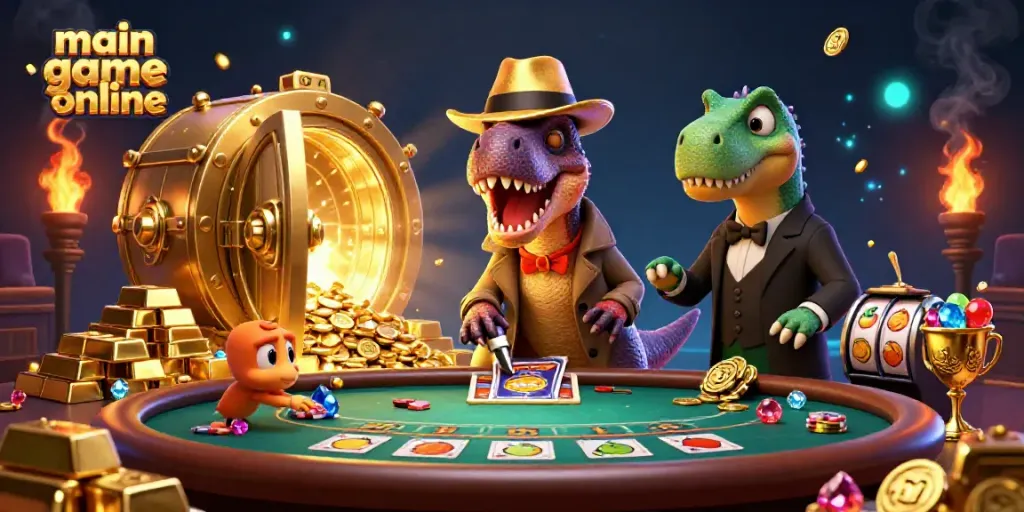 Experience the excitement of main game online with a velociraptor card counter at a casino table.