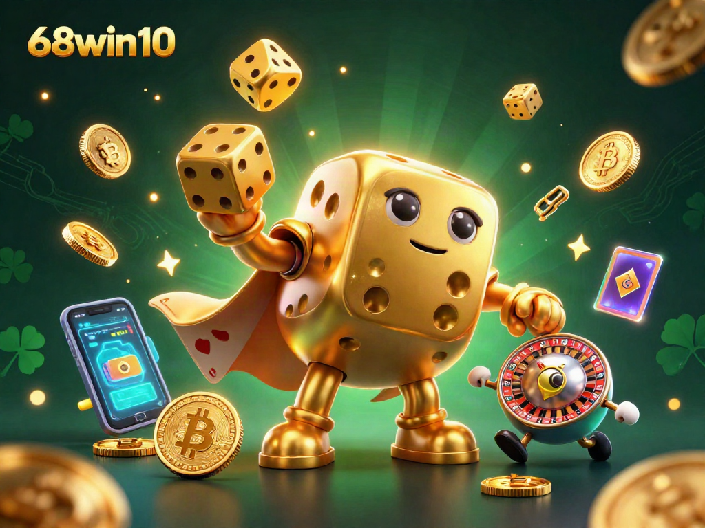 Experience the thrilling world of 68win10 with golden dice and crypto elements amidst vibrant casino visuals.