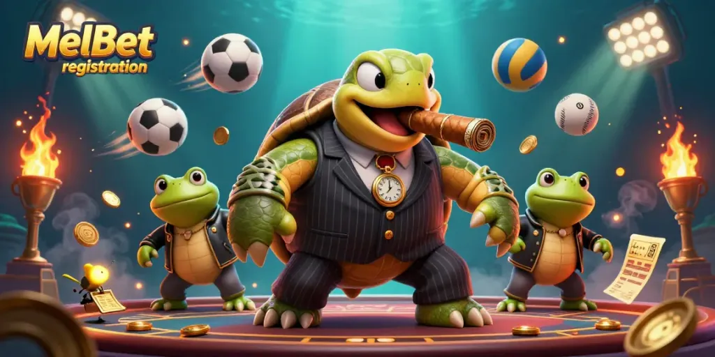 Learn MelBet registration effortlessly with this vibrant animated scene featuring sports elements.