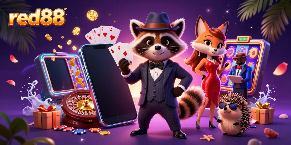 Red88 online casino's vibrant gaming atmosphere with raccoon, fox, and hedgehog characters showcasing exciting games.