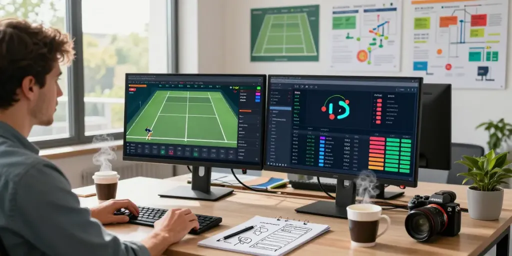 Developer utilizing a tennis API to analyze live match data through multiple screens in a modern office.