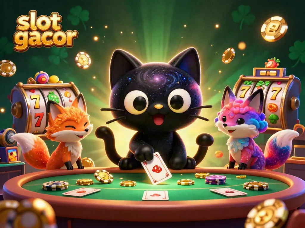 Experience slot gacor gameplay with dynamic casino visuals featuring a black hole cat and colorful fox.
