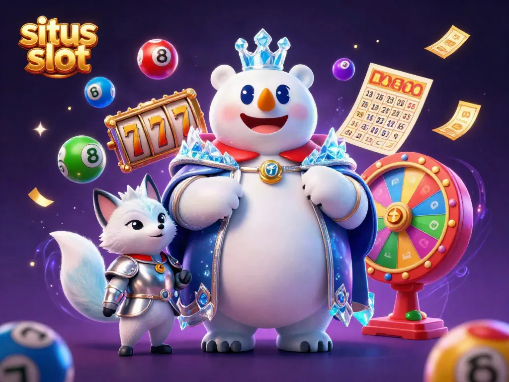 Experience the excitement of situs slot with a king polar bear and snow fox, surrounded by vibrant casino elements.