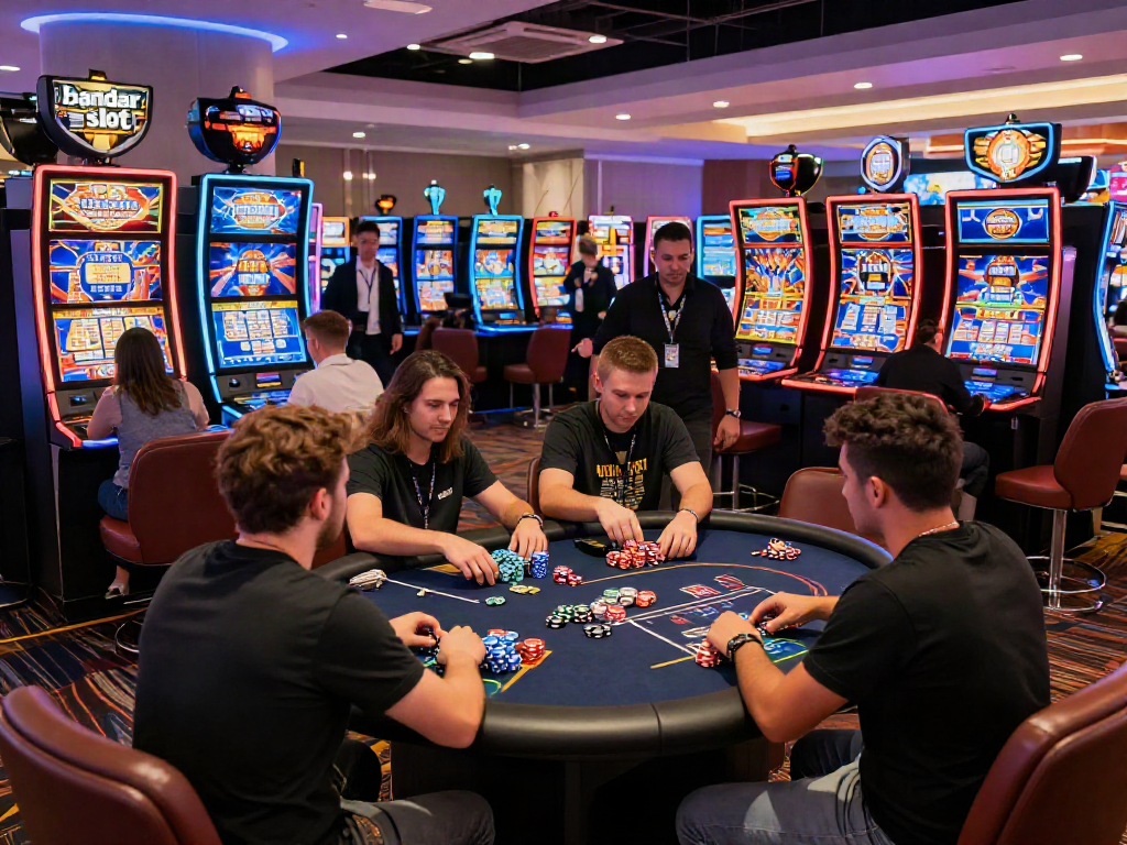 Exciting players enjoying bandar slot machines in a vibrant casino.