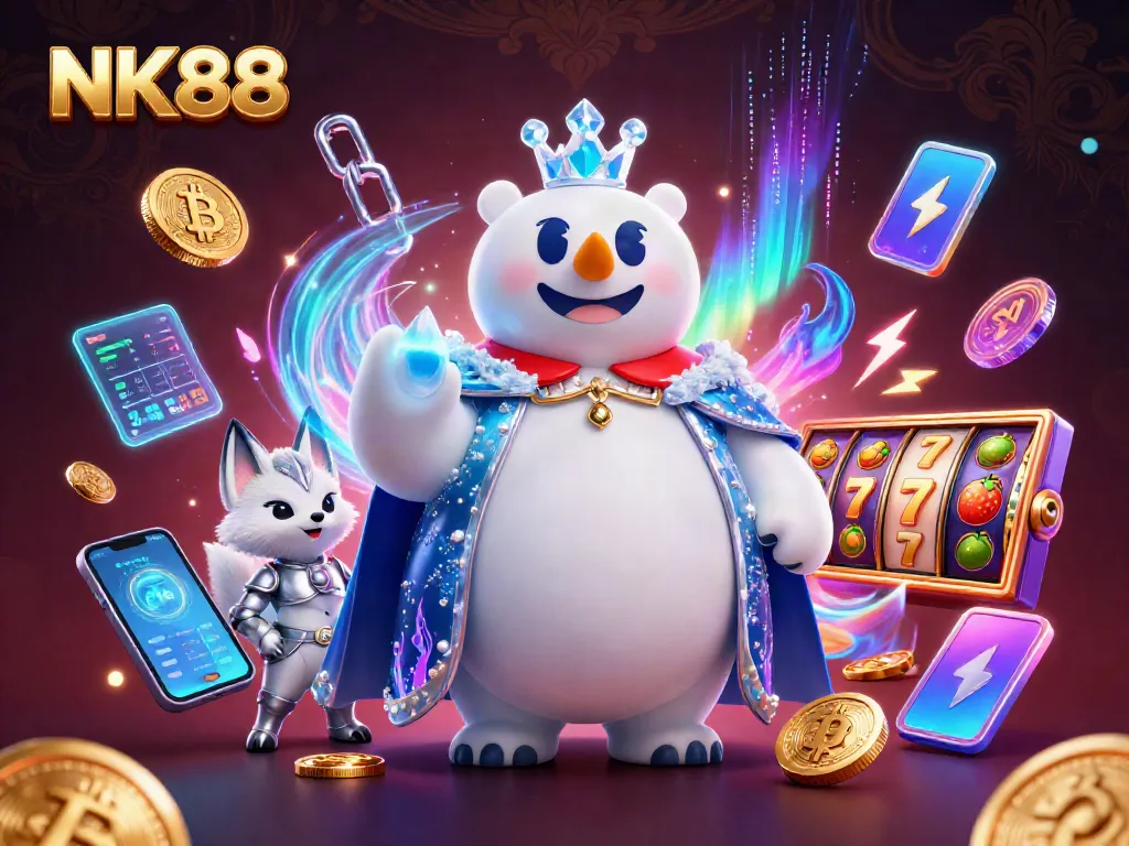 Engage with NK88's immersive casino experience featuring vibrant digital slots and dynamic characters.