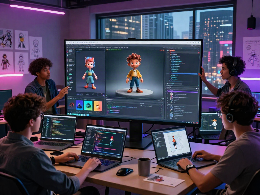 Creative team developing character AI nsfw prototypes in a futuristic studio, showcasing vibrant designs and innovative collaboration.