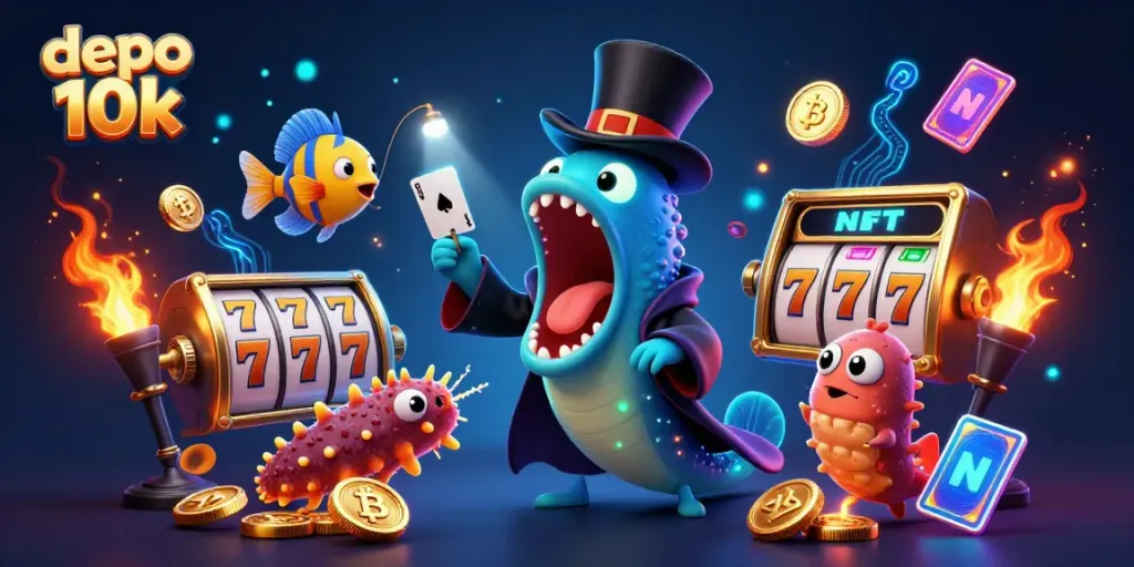 Experience thrilling casino action with depo 10k in this vibrant underwater magic show illustration.