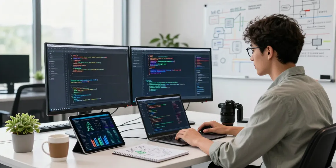 AI Detection analysis scene with data scientist coding on monitors in a modern office.