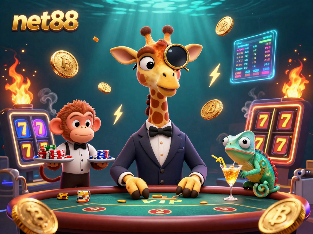 Engage with net88 as animated casino characters create a vibrant atmosphere with Bitcoin and Ethereum elements.