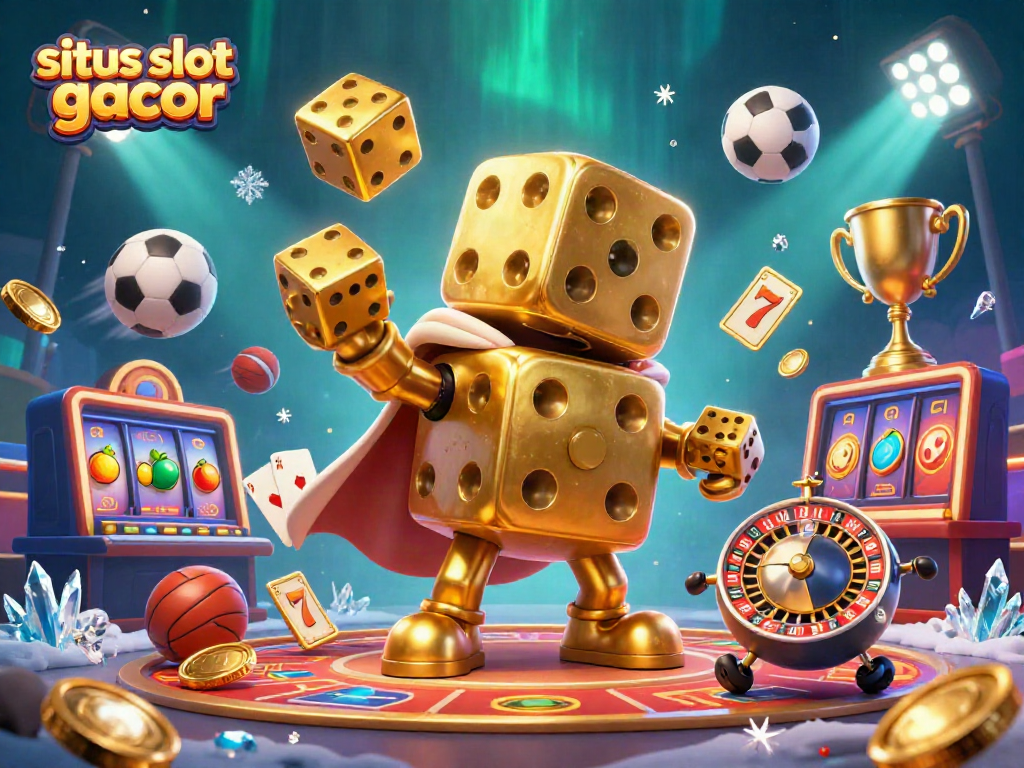 Menggulung dadu emas dengan tema situs slot gacor yang meriah dan elemen kasino.
