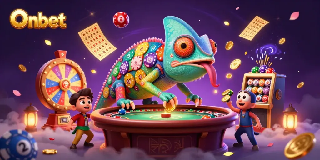 Onbet's vibrant casino scene showcases a chameleon owner capturing golden coins and lively lottery elements.