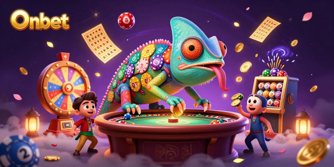 Onbet's vibrant casino scene showcases a chameleon owner capturing golden coins and lively lottery elements.