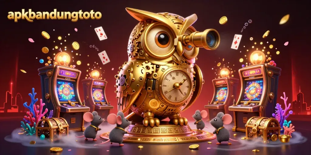 Experience the thrill of apkbandungtoto in a vibrant casino scene with a golden owl, mice patrons, and colorful treasures.