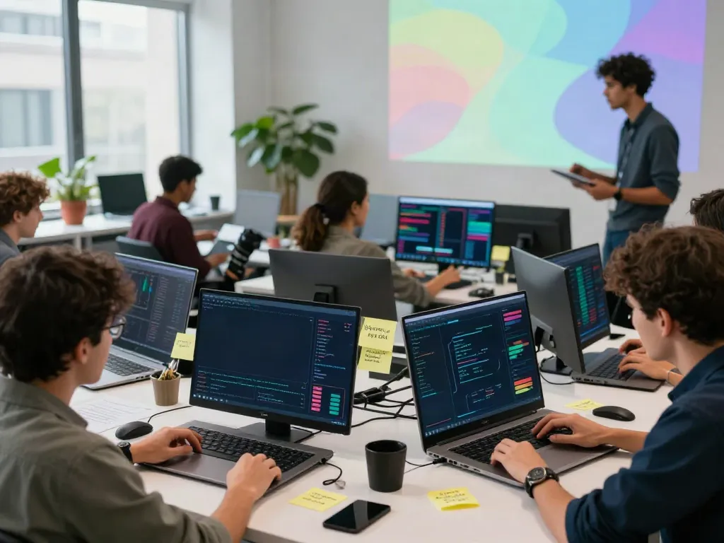 Dynamic trading workspace with cryptocurrency data visualization, showcasing collaborative developers examining 股票API trends.