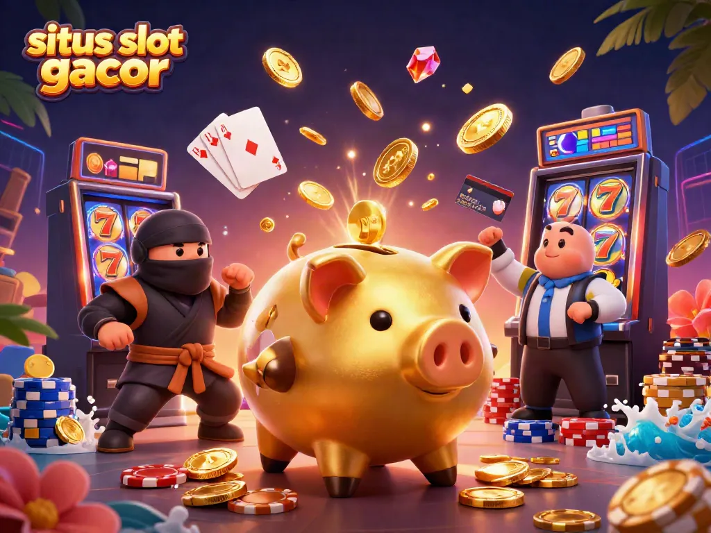 Experience excitement at situs slot gacor with golden piggy bank sumo wrestler and vibrant casino elements.
