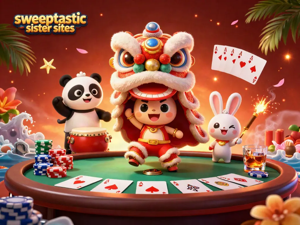 Sweeptastic sister sites showcase vibrant gambling elements with a dynamic lion dance scene.