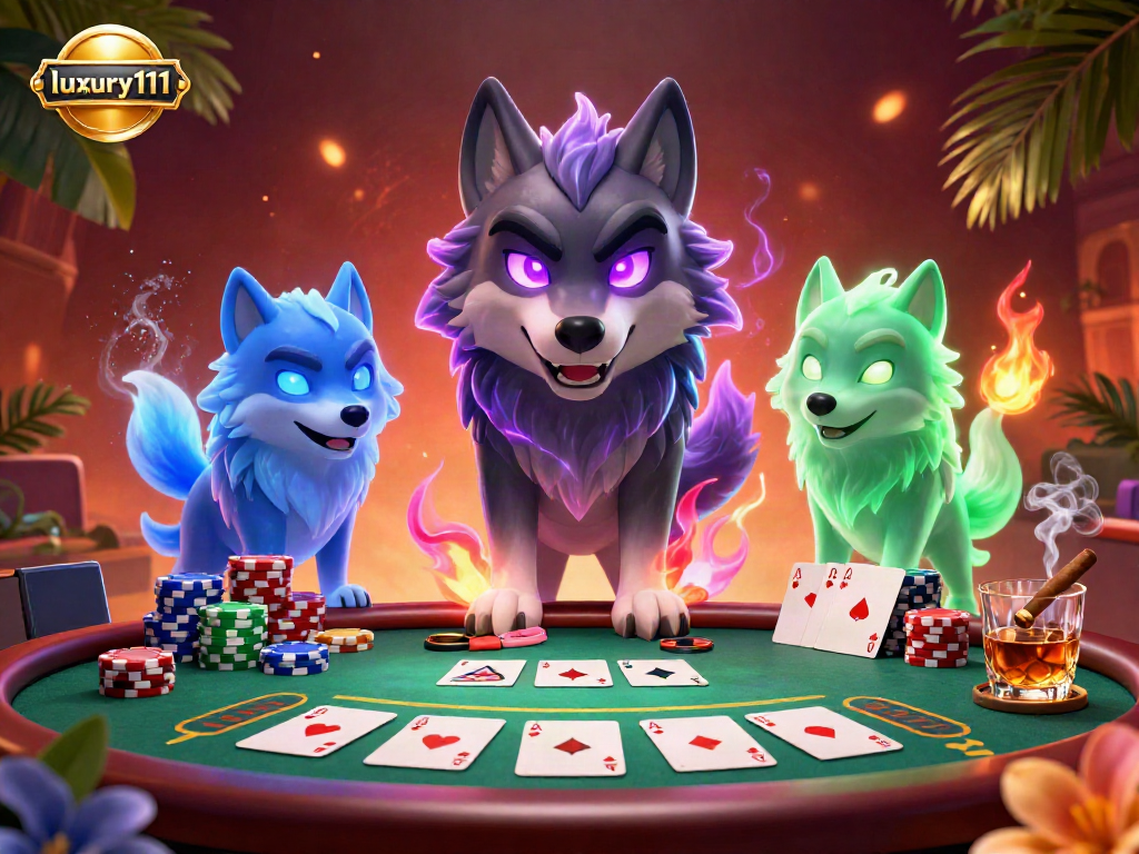Engage with luxury111's thrilling gaming experience featuring a vibrant casino scene with poker action and ghostly wolves.