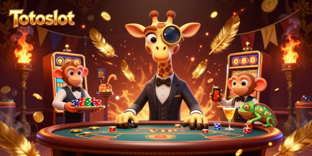 Totoslot menghadirkan ilustrasi kasino dengan jerapah berkelas, valet monyet, dan bartender chameleon.