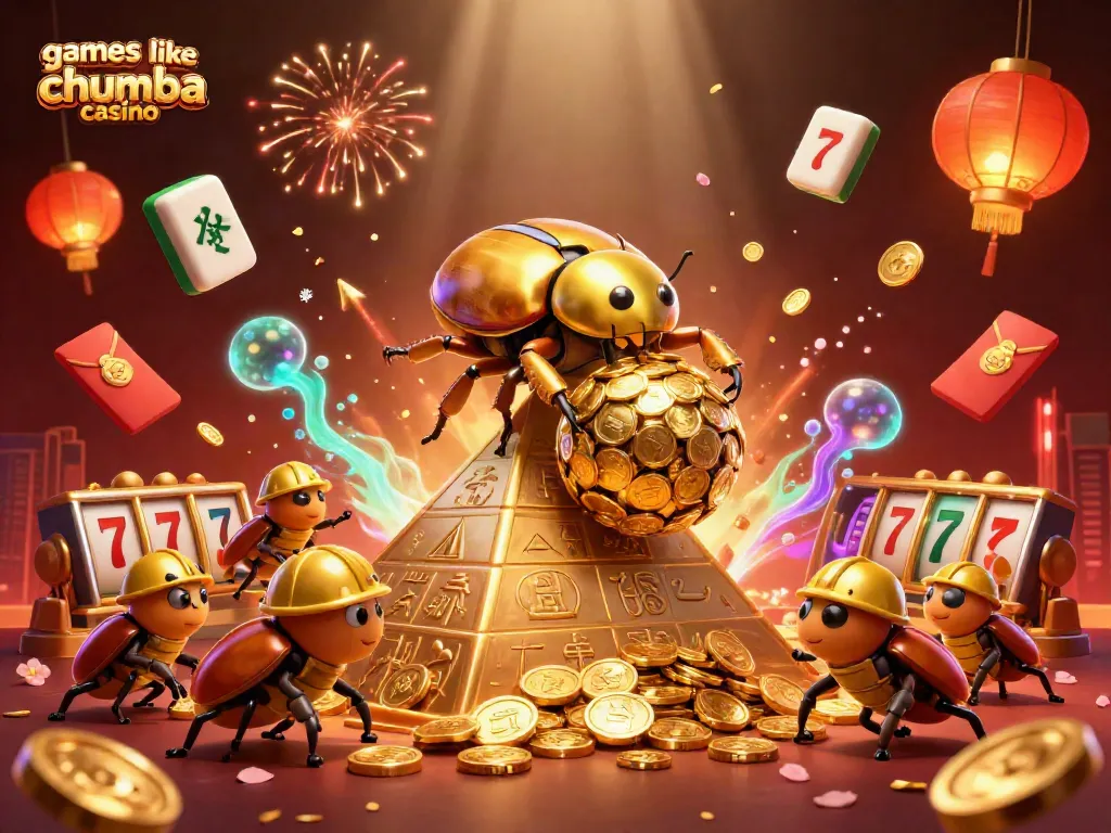 Engage with games like Chumba Casino featuring a vibrant scene of golden beetles and casino symbols.
