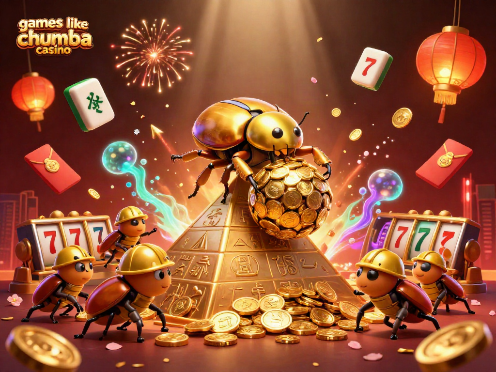 Engage with games like Chumba Casino featuring a vibrant scene of golden beetles and casino symbols.