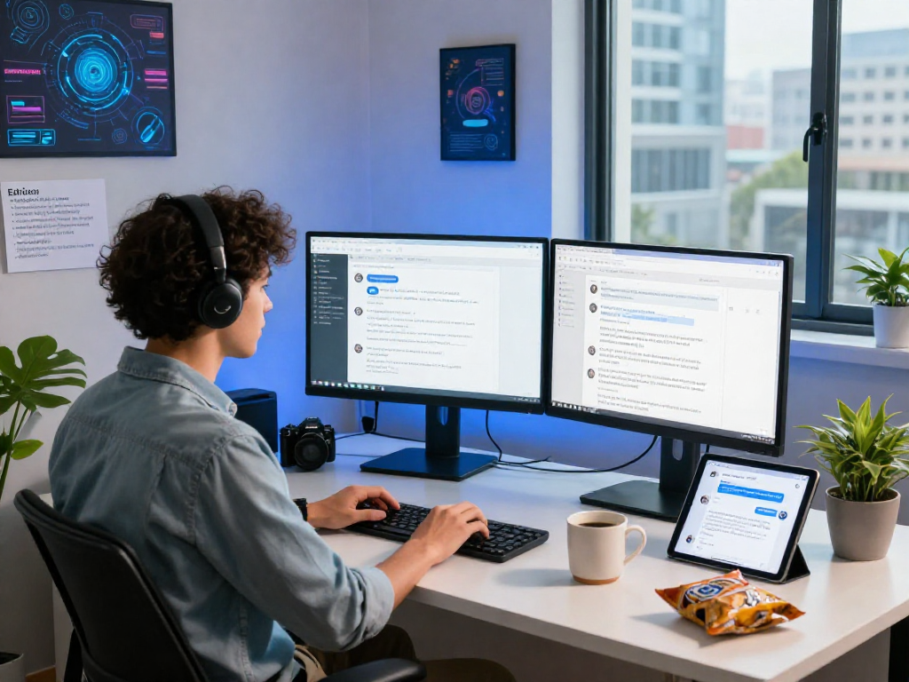 AI chat NSFW development workspace with dual monitors, coffee, and creative notes.